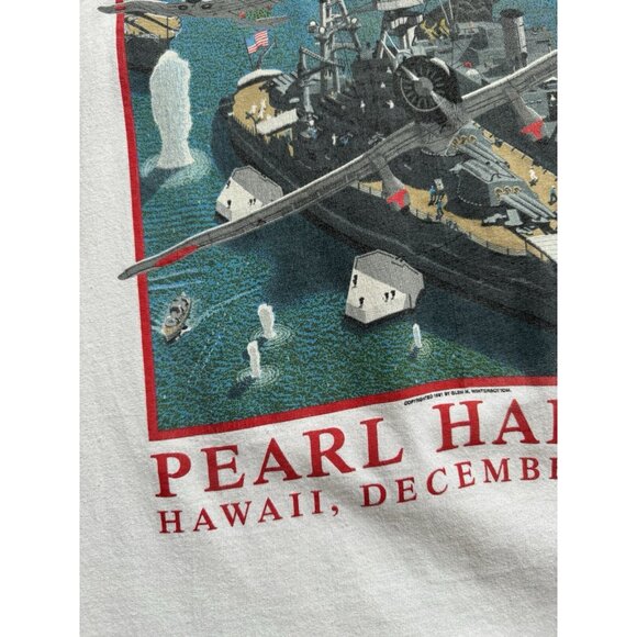 Vintage 90's USS Arizona Pearl Harbor Hawaii Battleship USA World War White Tee - Picture 4 of 16